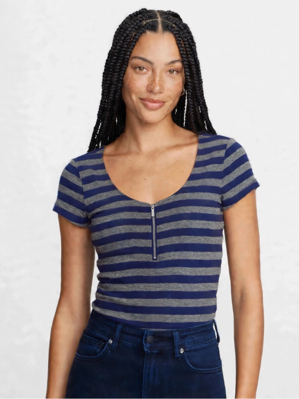 Guess 95% Cotton Navy and Gray Striped Short Sleeve Zip-Front Top